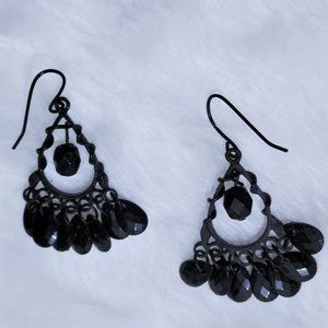 Black drop pierced earrings with black faceted beads